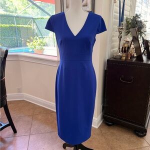Donna Morgan Royal Blue V-Neck Sheath Midi Dress